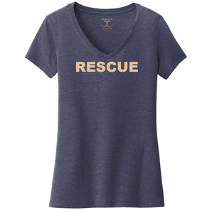 heathered navy women's v-neck cotton/ poly short sleeve graphic t-shirt with "rescue" printed in a simple bold font.