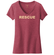 Load image into Gallery viewer, heathered cardinal red women&#39;s v-neck cotton/poly short sleeve graphic t-shirt with &quot;rescue&quot; printed in a simple bold font.
