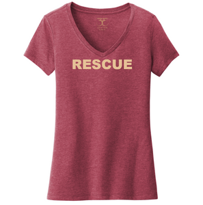 heathered cardinal red women's v-neck cotton/poly short sleeve graphic t-shirt with "rescue" printed in a simple bold font.