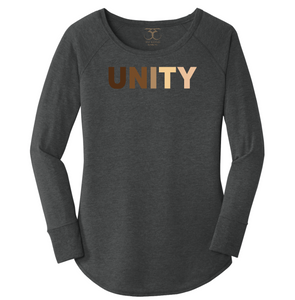women's long sleeve wide neck tunic style t-shirt in black frost with "unity" printed in a range of skin tones. 50/25/25 poly/combed ring spun cotton/rayon blend