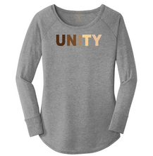Load image into Gallery viewer, women&#39;s long sleeve wide neck tunic style t-shirt in grey frost with &quot;unity&quot; printed in a range of skin tones. 50/25/25 poly/combed ring spun cotton/rayon blend
