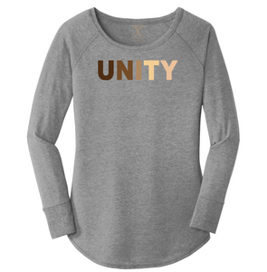 women's long sleeve wide neck tunic style t-shirt in grey frost with "unity" printed in a range of skin tones. 50/25/25 poly/combed ring spun cotton/rayon blend
