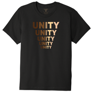 black unisex crew neck 100% cotton short sleeve graphic t-shirt with "unity" printed in five descending rows in a range of skin tones.