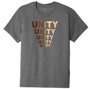 Heather grey unisex crew neck cotton/poly short sleeve graphic t-shirt with "unity" printed in five descending rows in a range of skin tones.
