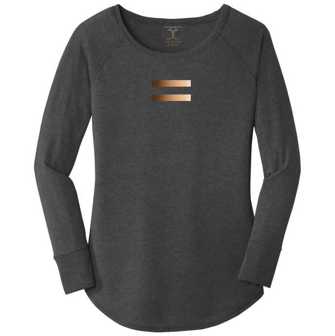 women's long sleeve wide neck tunic style t-shirt in bla ck frost with equal symbol printed in a gradient of skin tones. 50/25/25 poly/combed ring spun cotton/rayon blend