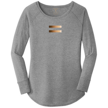 Load image into Gallery viewer, women&#39;s long sleeve wide neck tunic style t-shirt in grey frost with equal symbol printed in a gradient of skin tones. 50/25/25 poly/combed ring spun cotton/rayon blend
