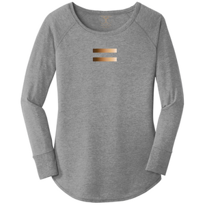 women's long sleeve wide neck tunic style t-shirt in grey frost with equal symbol printed in a gradient of skin tones. 50/25/25 poly/combed ring spun cotton/rayon blend