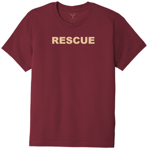 Currant red unisex crew neck 100% cotton short sleeve graphic t-shirt with "rescue" printed in simple bold font.