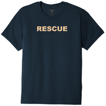 Load image into Gallery viewer, Navy unisex crew neck 100% cotton short sleeve graphic t-shirt with &quot;rescue&quot; printed in simple bold font.
