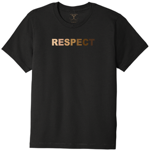 black unisex crew neck 100% cotton short sleeve graphic t-shirt with "respect" printed in gradient of skin tones.