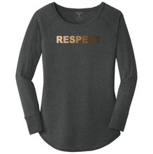 Load image into Gallery viewer, women&#39;s long sleeve wide neck tunic style t-shirt in black frost with &quot;respect&quot; printed in a range of skin tones. 50/25/25 poly/combed ring spun cotton/rayon blend

