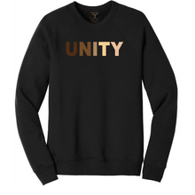 Load image into Gallery viewer, Black unisex crew neck cotton/poly long sleeve graphic sweatshirt with &quot;unity&quot; printed in a range of skin tones.
