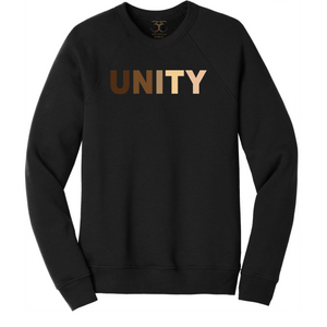 Black unisex crew neck cotton/poly long sleeve graphic sweatshirt with "unity" printed in a range of skin tones.