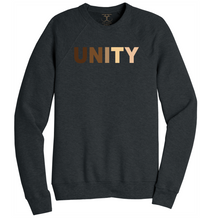 Load image into Gallery viewer, Dark heather grey unisex crew neck cotton/poly long sleeve graphic sweatshirt with &quot;unity&quot; printed in a range of skin tones.
