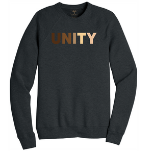 Dark heather grey unisex crew neck cotton/poly long sleeve graphic sweatshirt with "unity" printed in a range of skin tones.