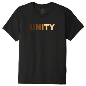black unisex crew neck 100% cotton short sleeve graphic t-shirt with "unity" printed in a range of skin tones.