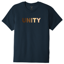 Load image into Gallery viewer, navy unisex crew neck 100% cotton short sleeve graphic t-shirt with &quot;unity&quot; printed in a range of skin tones.
