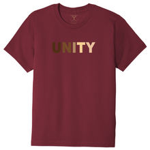 Load image into Gallery viewer, Currant red unisex crew neck 100% cotton short sleeve graphic t-shirt with &quot;unity&quot; printed in a range of skin tones.
