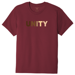 Currant red unisex crew neck 100% cotton short sleeve graphic t-shirt with "unity" printed in a range of skin tones.