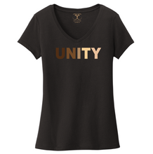 Load image into Gallery viewer, black women&#39;s v-neck 100% cotton short sleeve graphic t-shirt with &quot;unity&quot; printed in a range of skin tones.

