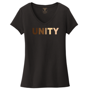 black women's v-neck 100% cotton short sleeve graphic t-shirt with "unity" printed in a range of skin tones.