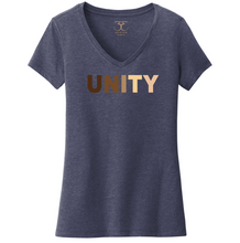 Load image into Gallery viewer, heathered navy women&#39;s v-neck cotton/poly short sleeve graphic t-shirt with &quot;unity&quot; printed in a range of skin tones.
