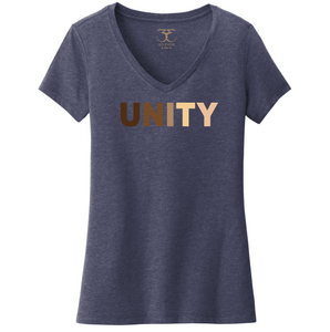 heathered navy women's v-neck cotton/poly short sleeve graphic t-shirt with "unity" printed in a range of skin tones.