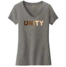 Load image into Gallery viewer, heather grey women&#39;s v-neck cotton/poly short sleeve graphic t-shirt with &quot;unity&quot; printed in a range of skin tones.
