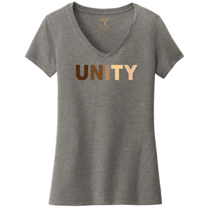 heather grey women's v-neck cotton/poly short sleeve graphic t-shirt with "unity" printed in a range of skin tones.