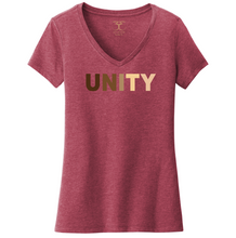 Load image into Gallery viewer, heathered cardinal red women&#39;s v-neck cotton/poly short sleeve graphic t-shirt with &quot;unity&quot; printed in a range of skin tones.
