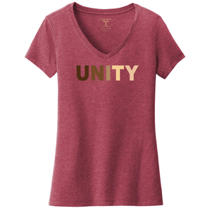 heathered cardinal red women's v-neck cotton/poly short sleeve graphic t-shirt with "unity" printed in a range of skin tones.