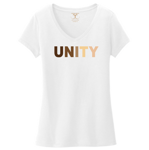 white women's v-neck 100% cotton short sleeve graphic t-shirt with "unity" printed in a range of skin tones.
